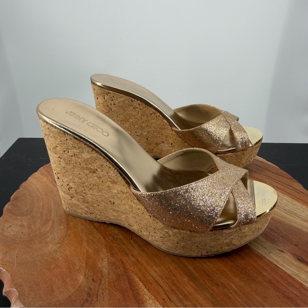Jimmy Choo Metallic Gold Glitter Prima Cork Platform Wedge Sandals 38.5 8.5